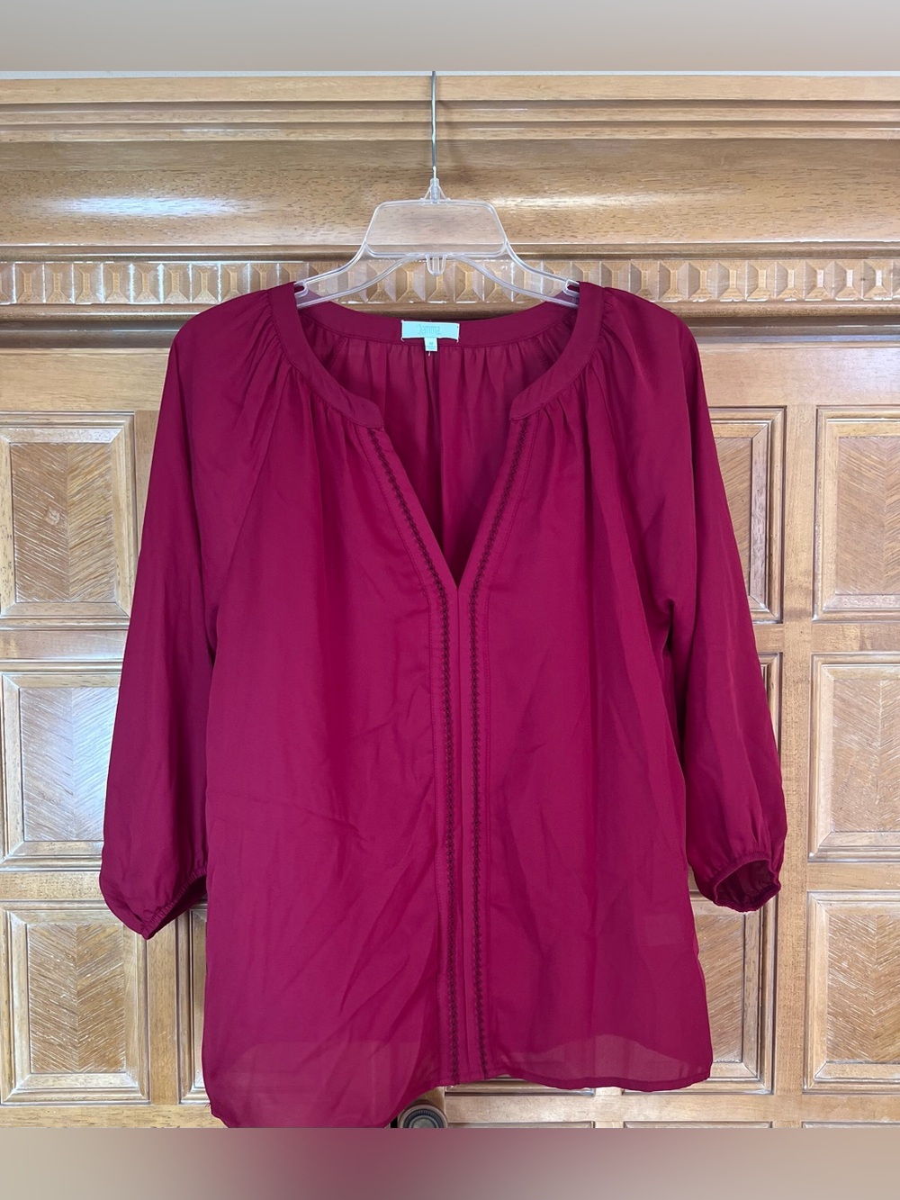 Jemma Women’s Medium Burgundy Sheer Peasant Blouse 3/4 Sleeve Split Neck Top